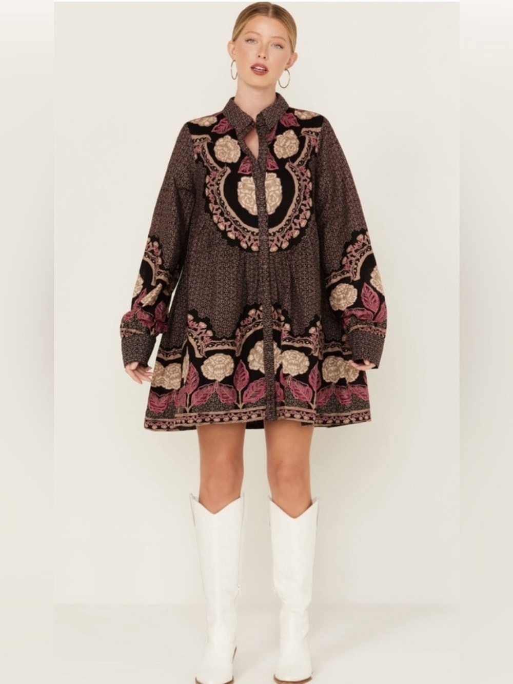 Free People Smell The Roses Floral Boho Mini Dress Long Sleeve Size S